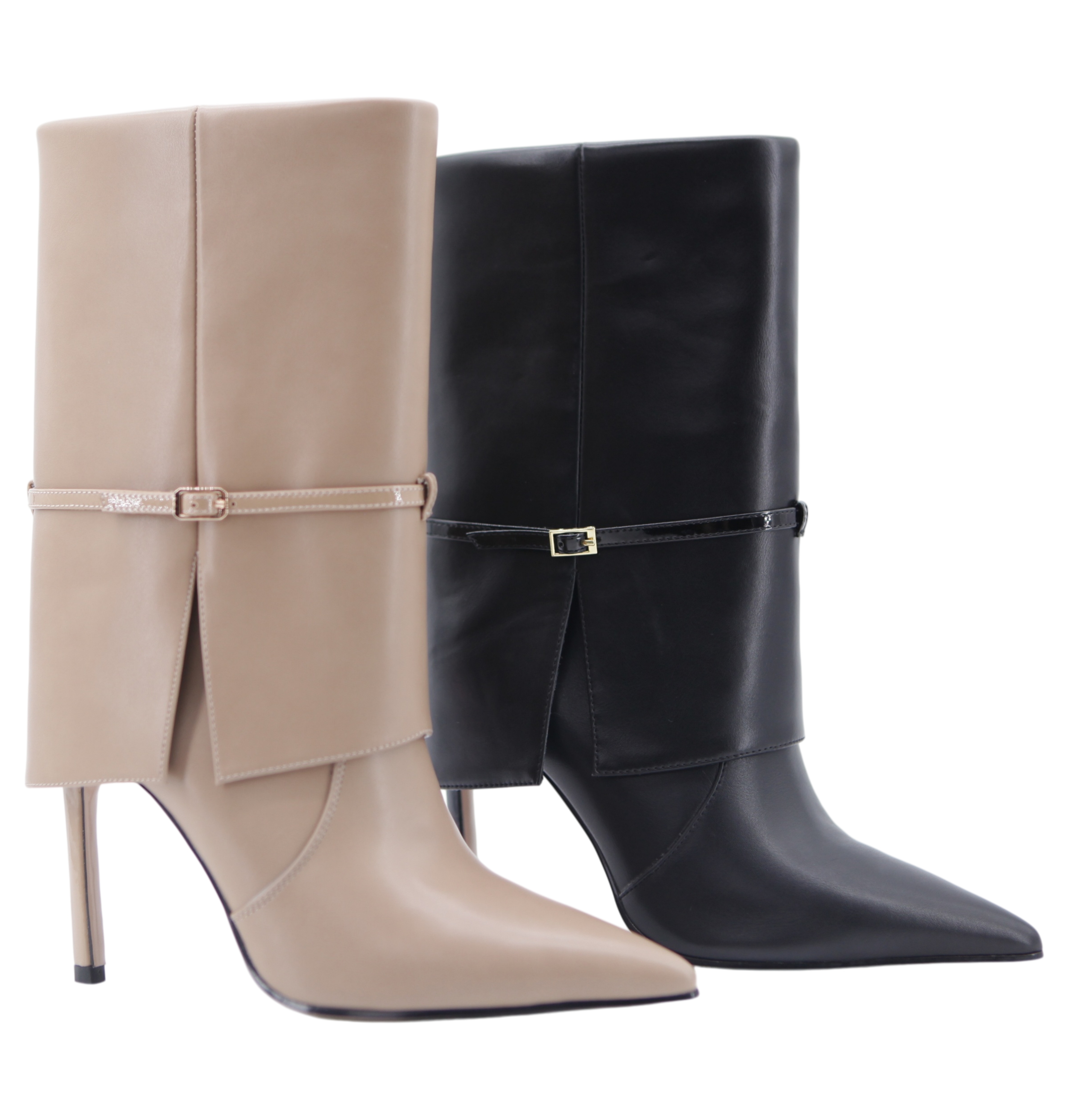 Livia Boot,COSMO Footwear,Women Khaki Fold Over Buckle Stiletto Mid Calf Boots