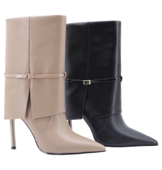 Livia Boot,COSMO Footwear,Women Khaki Fold Over Buckle Stiletto Mid Calf Boots