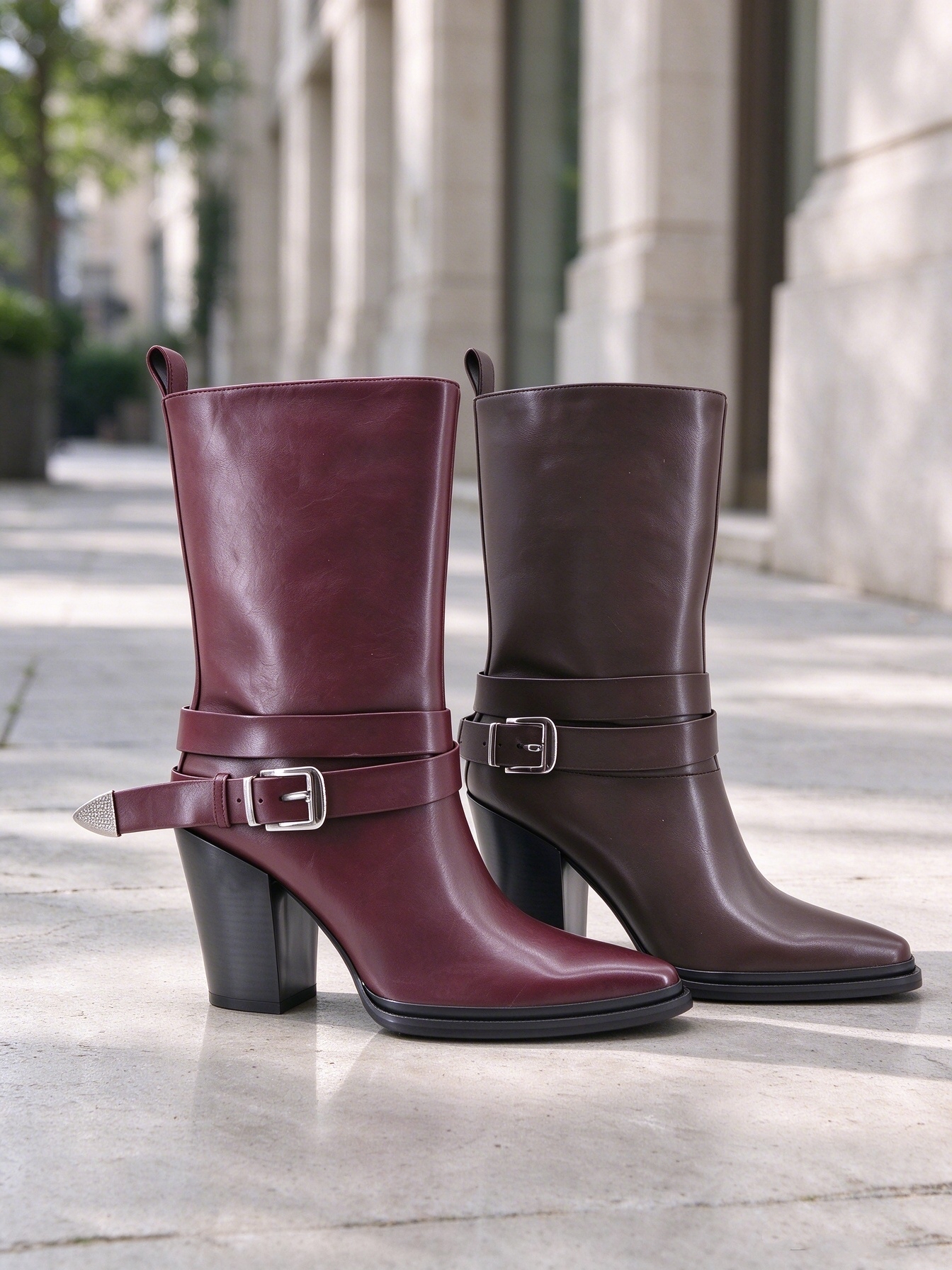 Dalia Boot,COSMO Footwear,Women's Burgundy Buckle Strap Western Mid Calf Boots