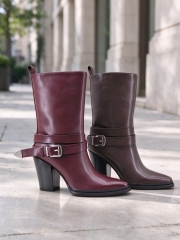 Dalia Boot,COSMO Footwear,Women's Burgundy Buckle Strap Western Mid Calf Boots