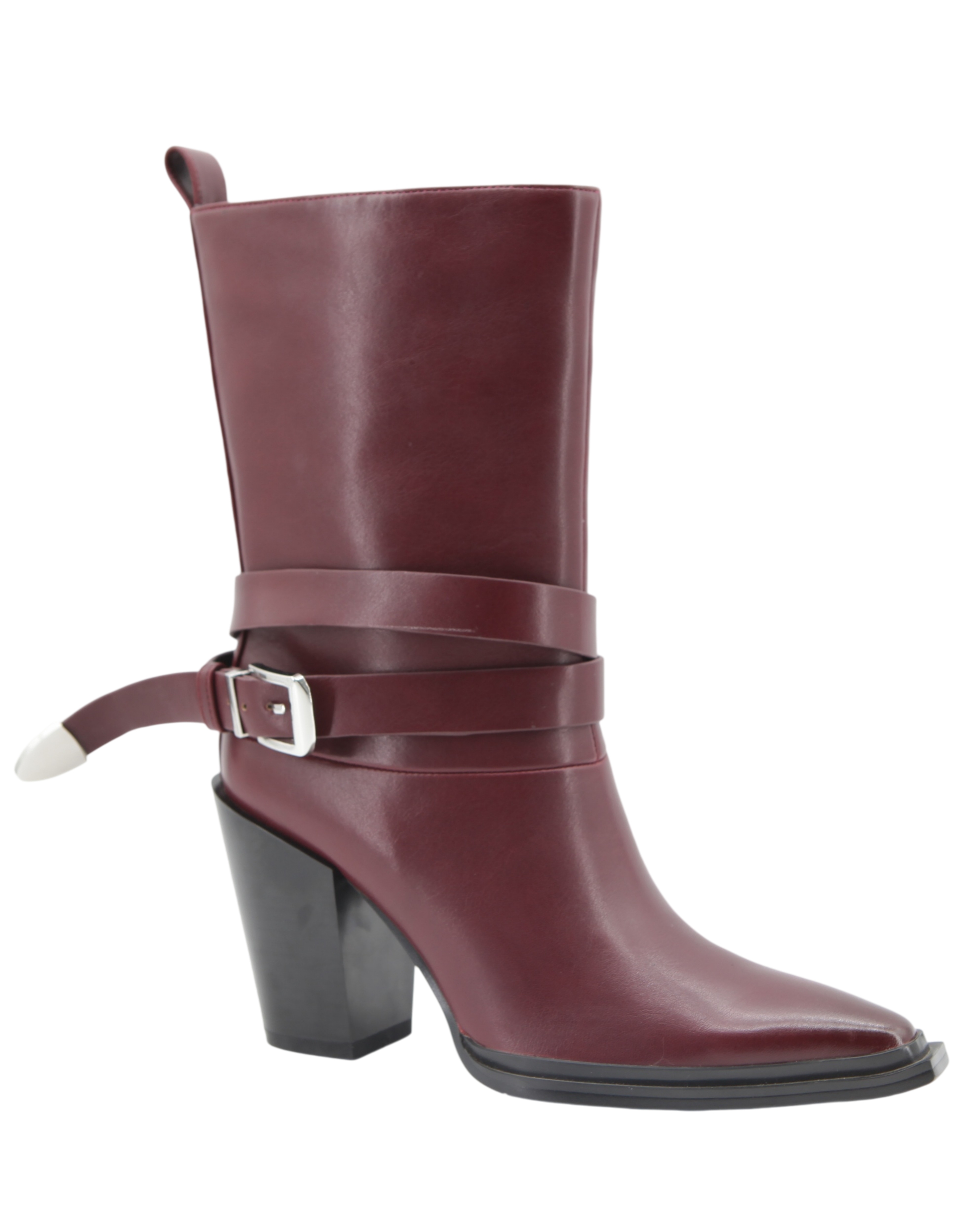 Dalia Boot,COSMO Footwear,Women's Burgundy Buckle Strap Western Mid Calf Boots