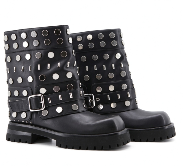 Bruna boot,COSMO Footwear,Boot-Midcalf-Moto-Black-FullStuds-Buckle