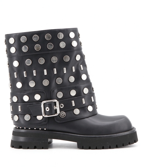 Bruna boot,COSMO Footwear,Boot-Midcalf-Moto-Black-FullStuds-Buckle