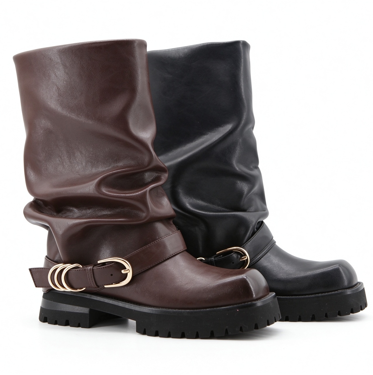 Serena boot,COSMO Footwear,Women Slouchy Multi O-Ring Buckle Chunky Mid Calf Boots