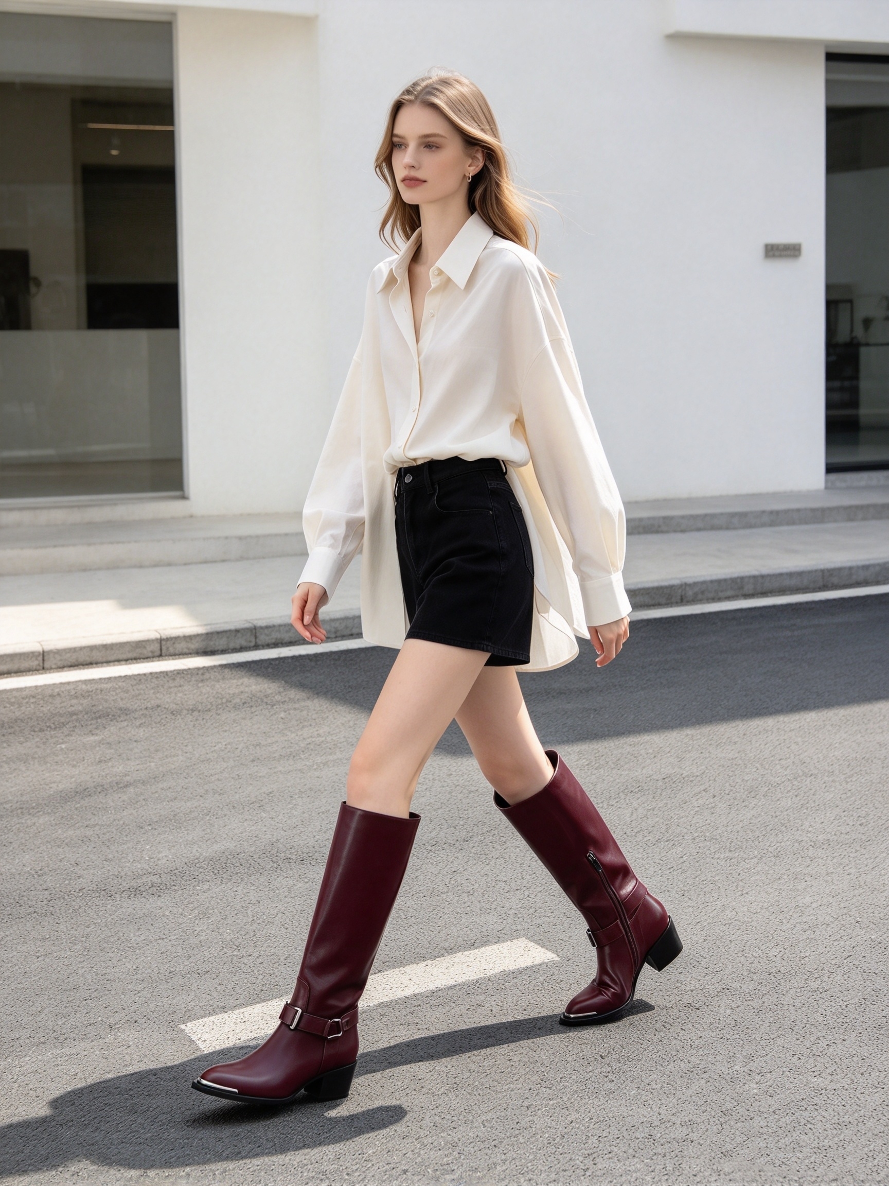 Maris boot,COSMO Footwear,Burgundy Western Knee High Boots, Buckle Strap Metal Tip