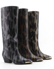 Carmina boot,COSMO Footwear,Women Snake Print Western Knee High Boots, Metal Tip Toe