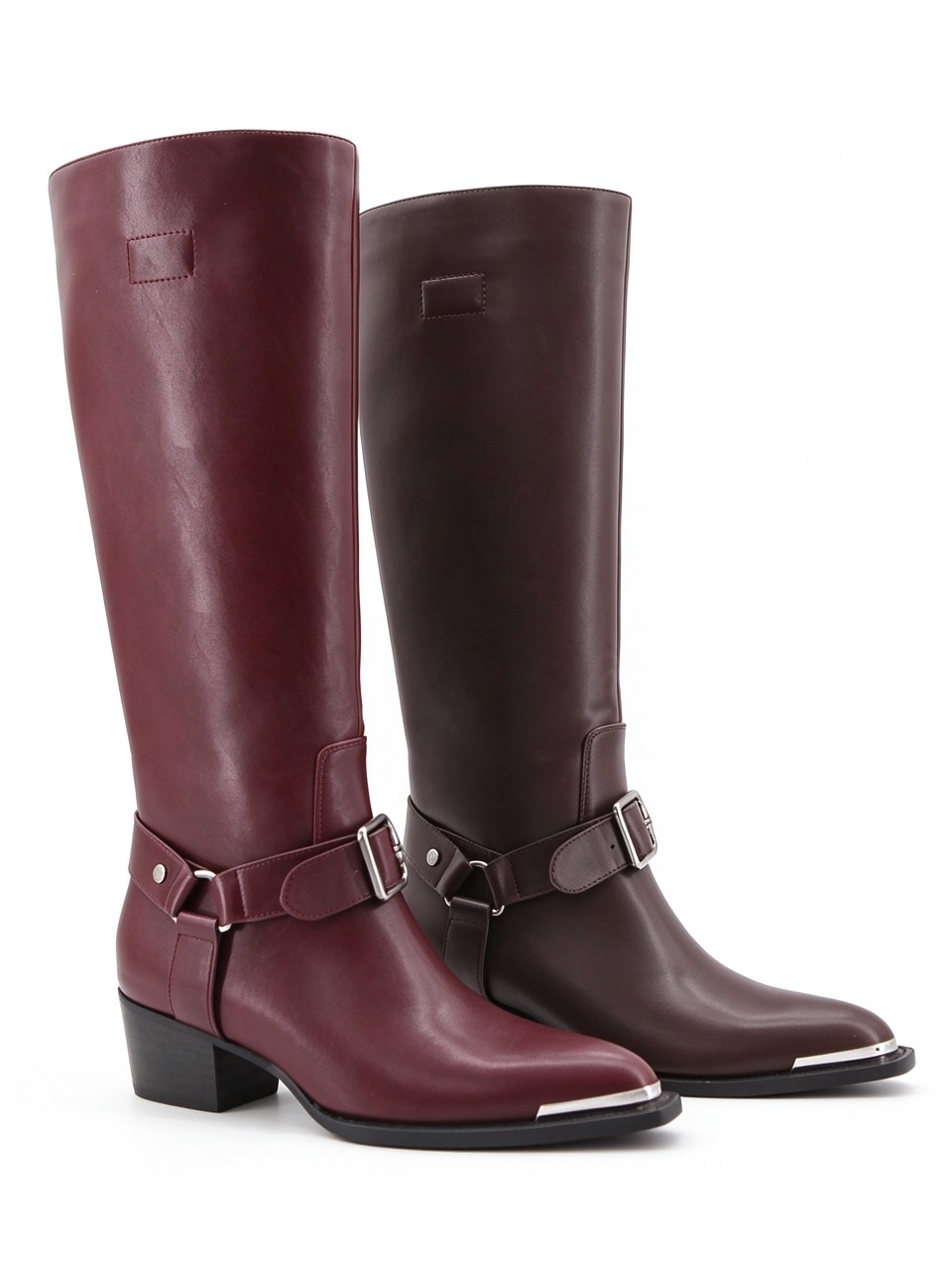 Maris boot,COSMO Footwear,Burgundy Western Knee High Boots, Buckle Strap Metal Tip