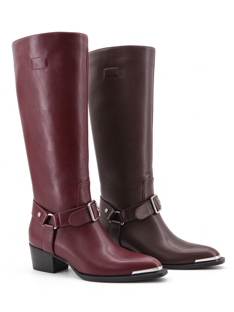 Maris boot,COSMO Footwear,Burgundy Western Knee High Boots, Buckle Strap Metal Tip