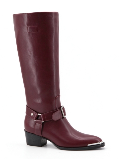 Maris boot,COSMO Footwear,Burgundy Western Knee High Boots, Buckle Strap Metal Tip