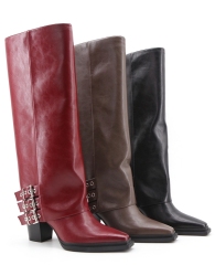 Zorvyn boot,COSMO Footwear,Women Triple Buckle Burgundy Knee High Western Boots