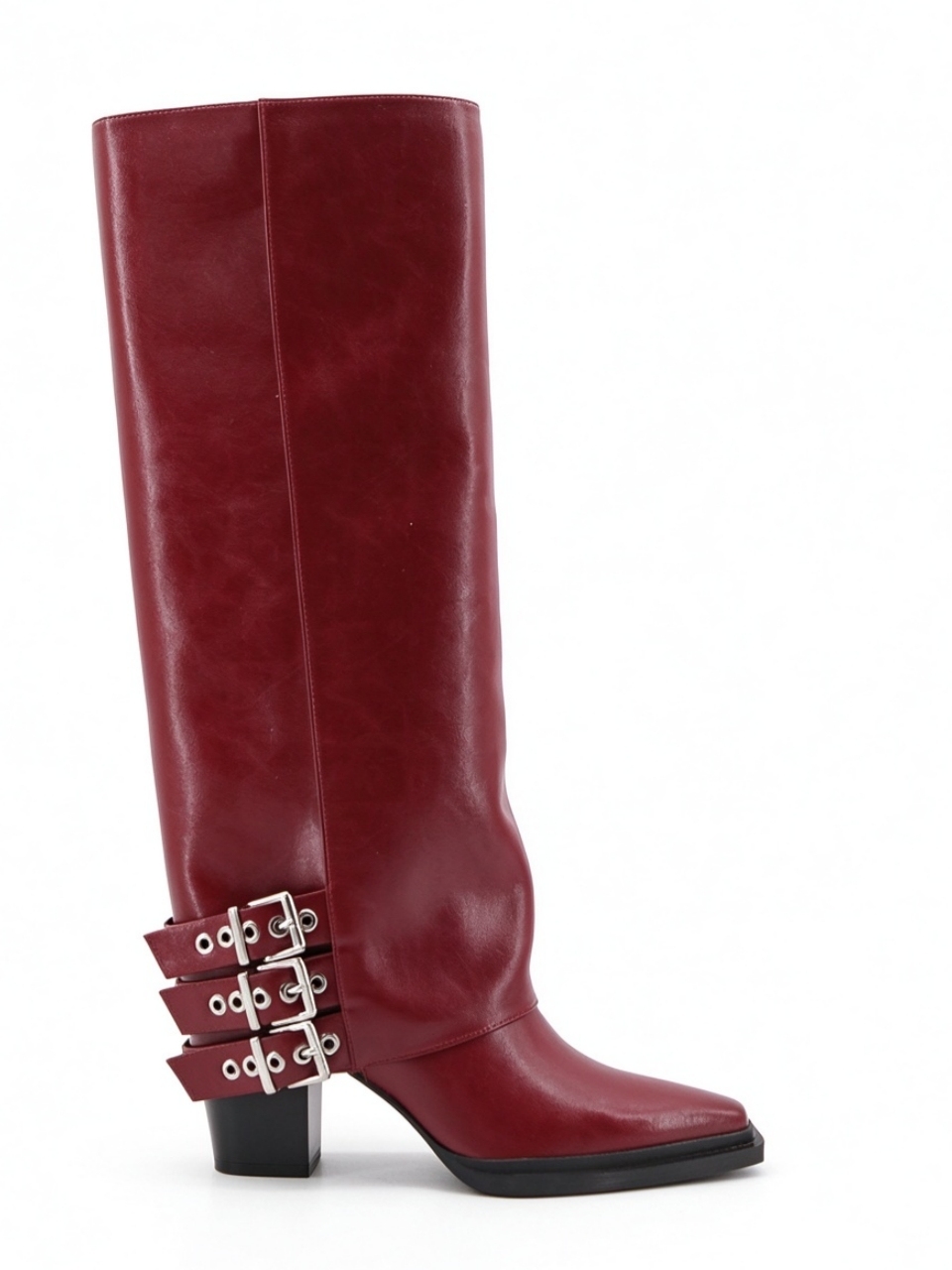 Zorvyn boot,COSMO Footwear,Women Triple Buckle Burgundy Knee High Western Boots