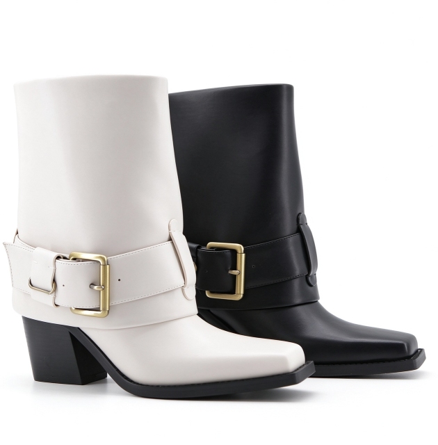 Calesta boot,COSMO Footwear,Women Buckle Moto Western Mid Calf Boots