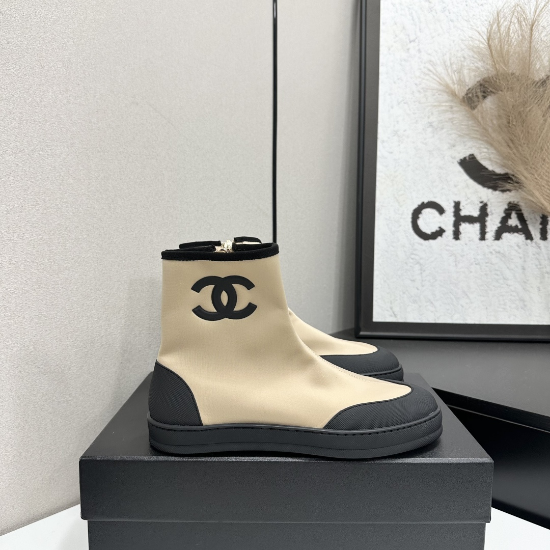 Women Beige Black Color Block Stretch Sock Ankle Boots Side Zipper Flat Platform Casual Short Booties
