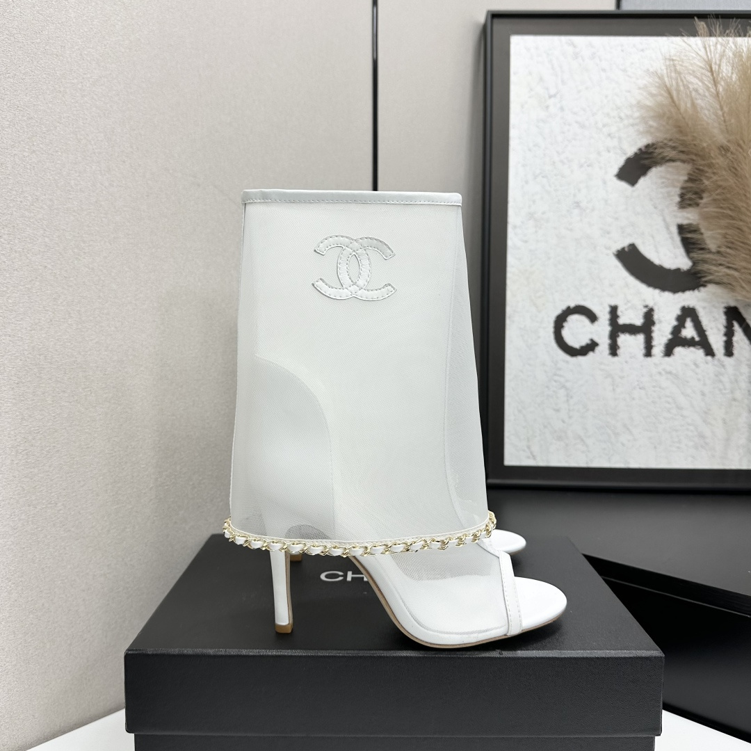 Women White Mesh Open Toe Ankle Boots Thin Stiletto High Heels Chain Decor Summer Hollow Boot Sandals