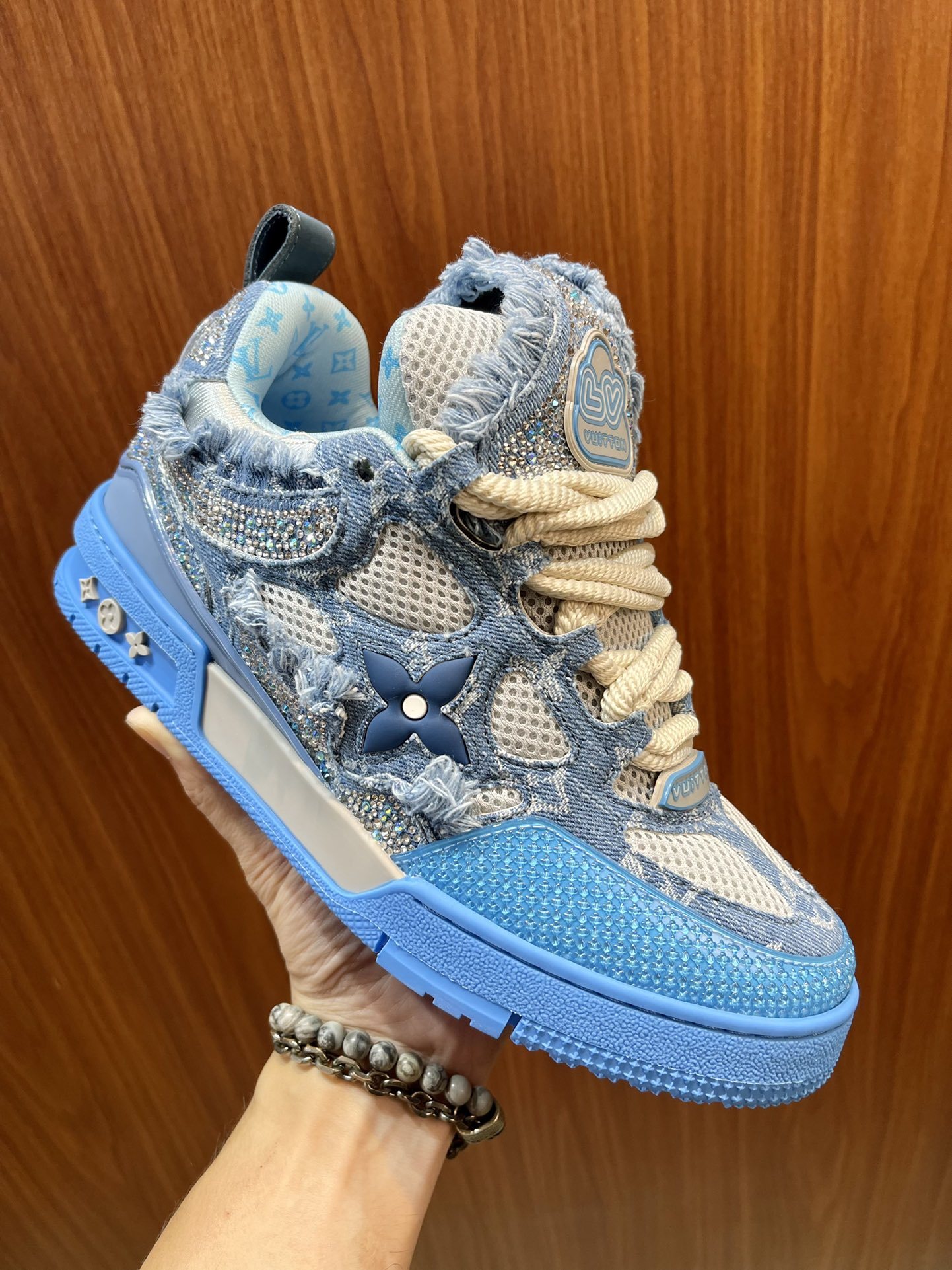 Blue Denim Fringe Jacquard Skate Shoes Thick Platform Lace Up Fashion Casual Sneakers