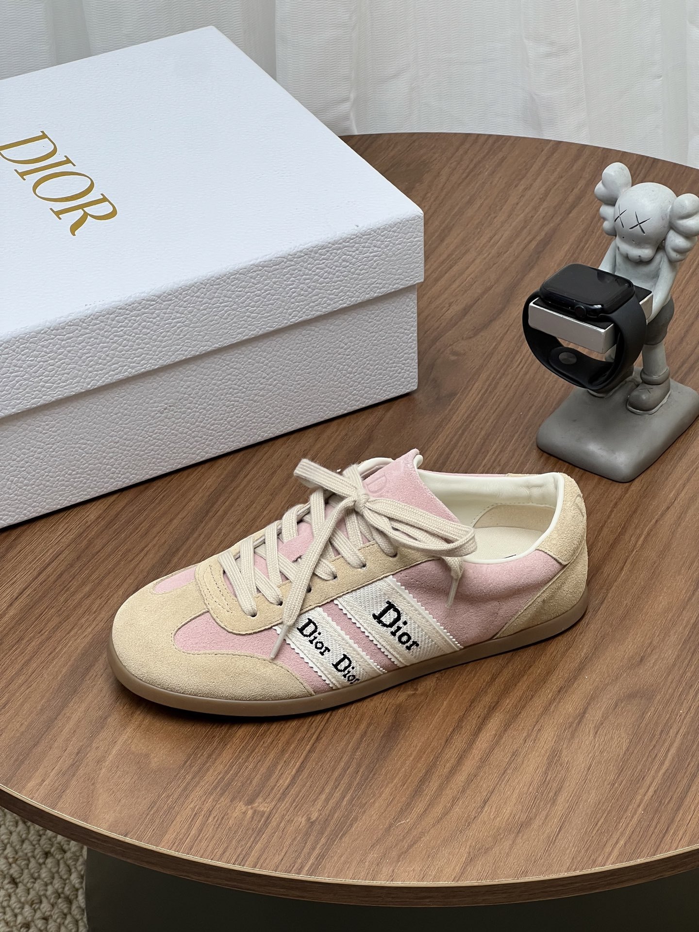 Women Pink Beige Color Block Retro Sneakers Lace Up Flat Casual Trainers