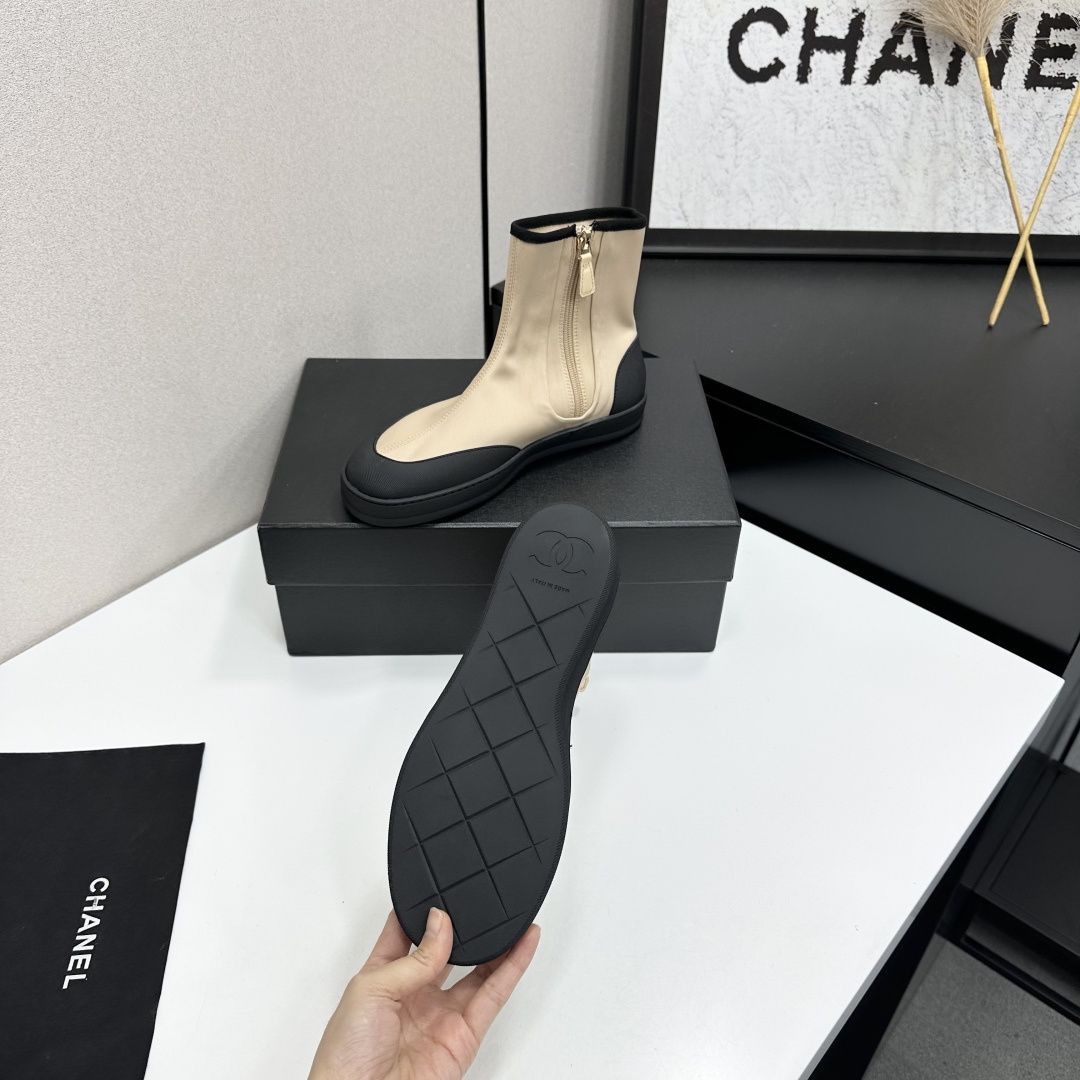 Women Beige Black Color Block Stretch Sock Ankle Boots Side Zipper Flat Platform Casual Short Booties