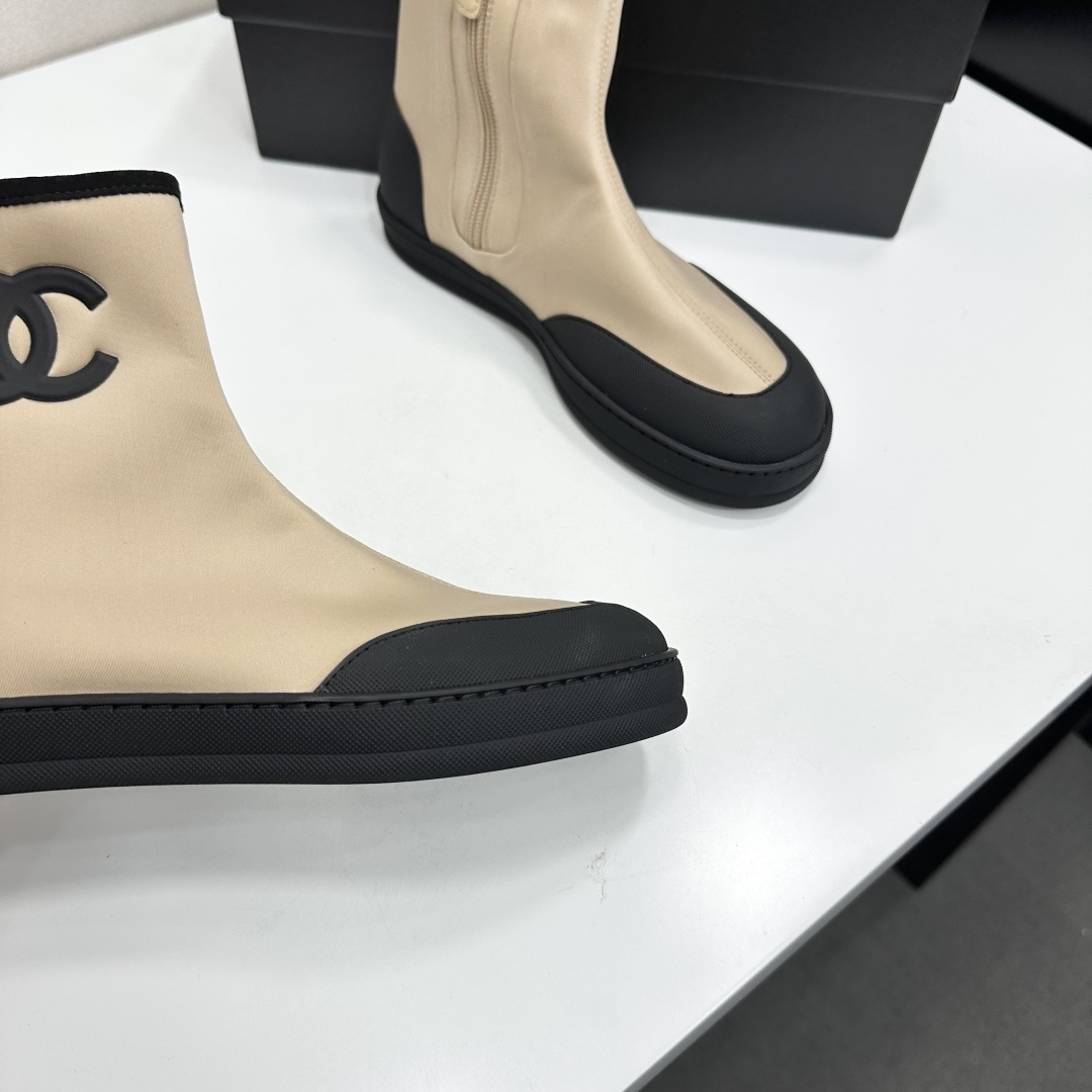 Women Beige Black Color Block Stretch Sock Ankle Boots Side Zipper Flat Platform Casual Short Booties