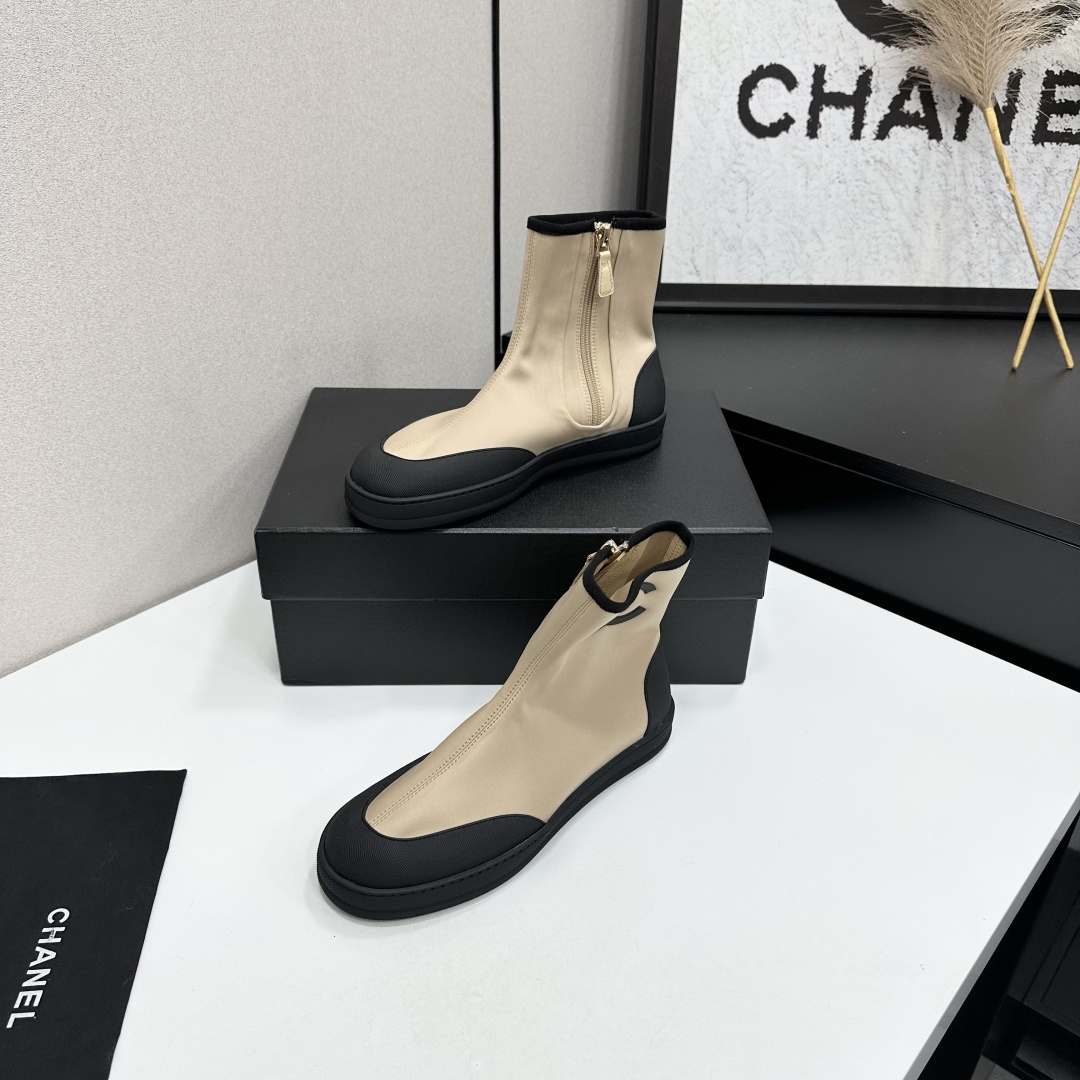 Women Beige Black Color Block Stretch Sock Ankle Boots Side Zipper Flat Platform Casual Short Booties