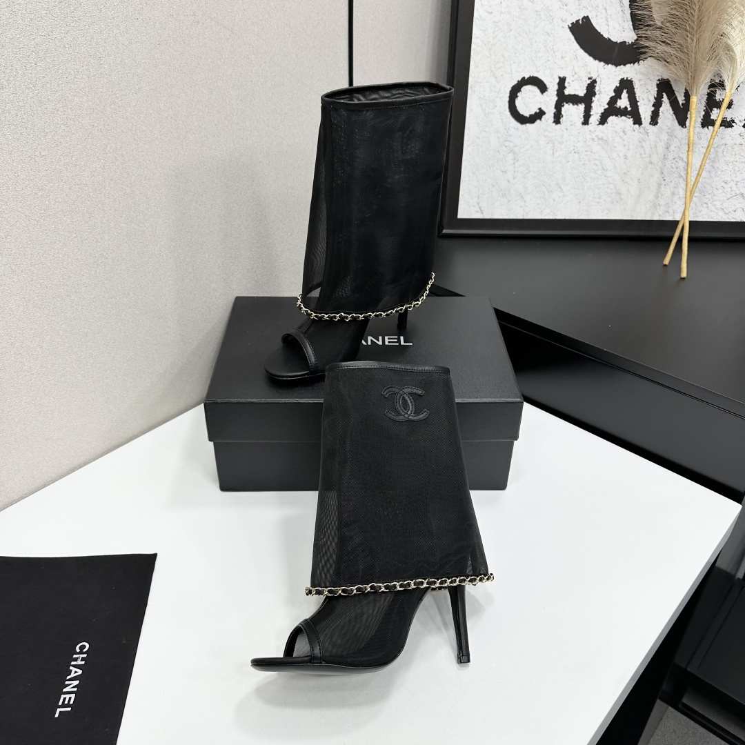 Women Black Mesh Open Toe Ankle Boots Thin Stiletto High Heels Chain Decor Summer Hollow Boot Sandals