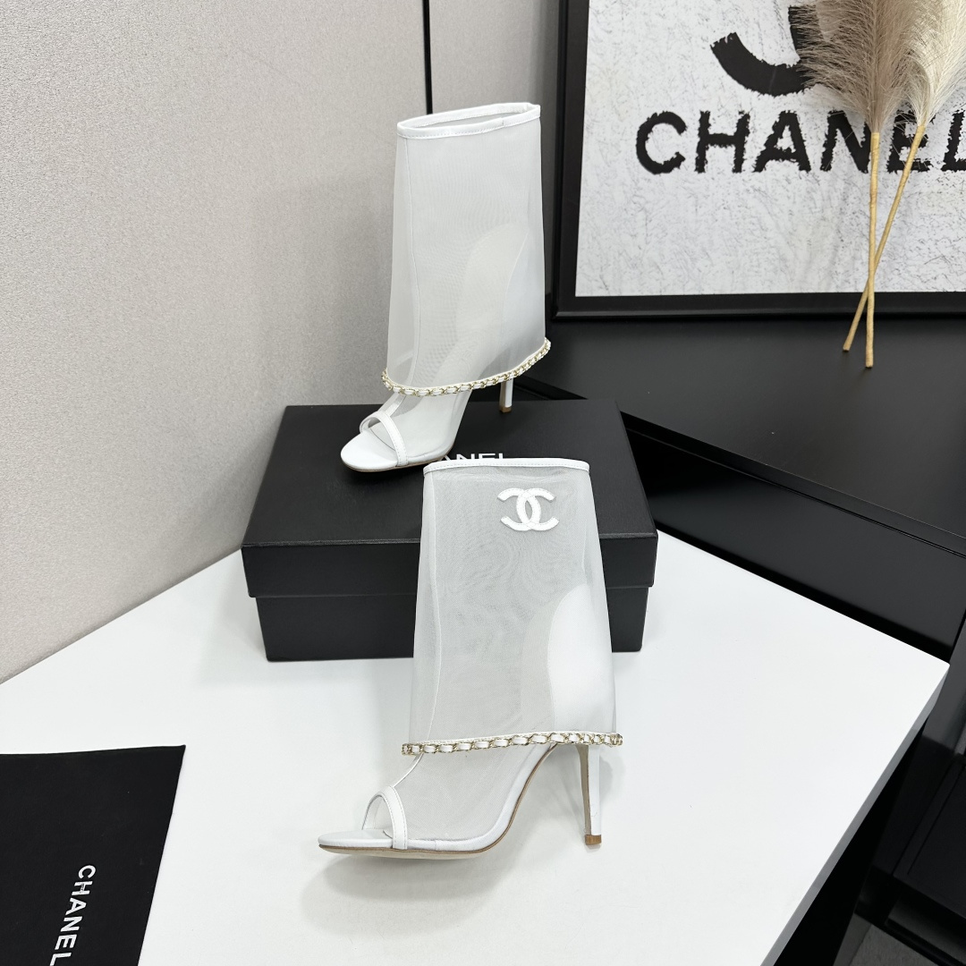 Women White Mesh Open Toe Ankle Boots Thin Stiletto High Heels Chain Decor Summer Hollow Boot Sandals