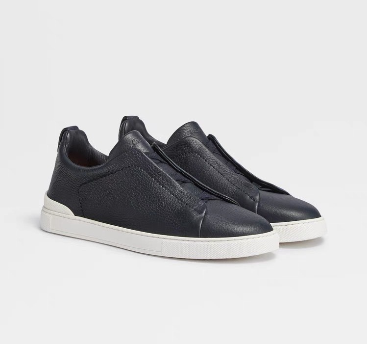 Men Dark Blue Leather Slip On Casual Sneakers Elastic Band Low Top Business Daily Walking Shoes