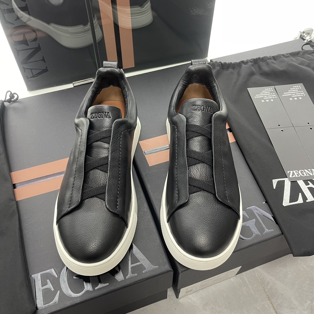 Men Black Genuine Leather Elastic Slip On Sneakers Low Top Business Casual Daily Walking Shoes