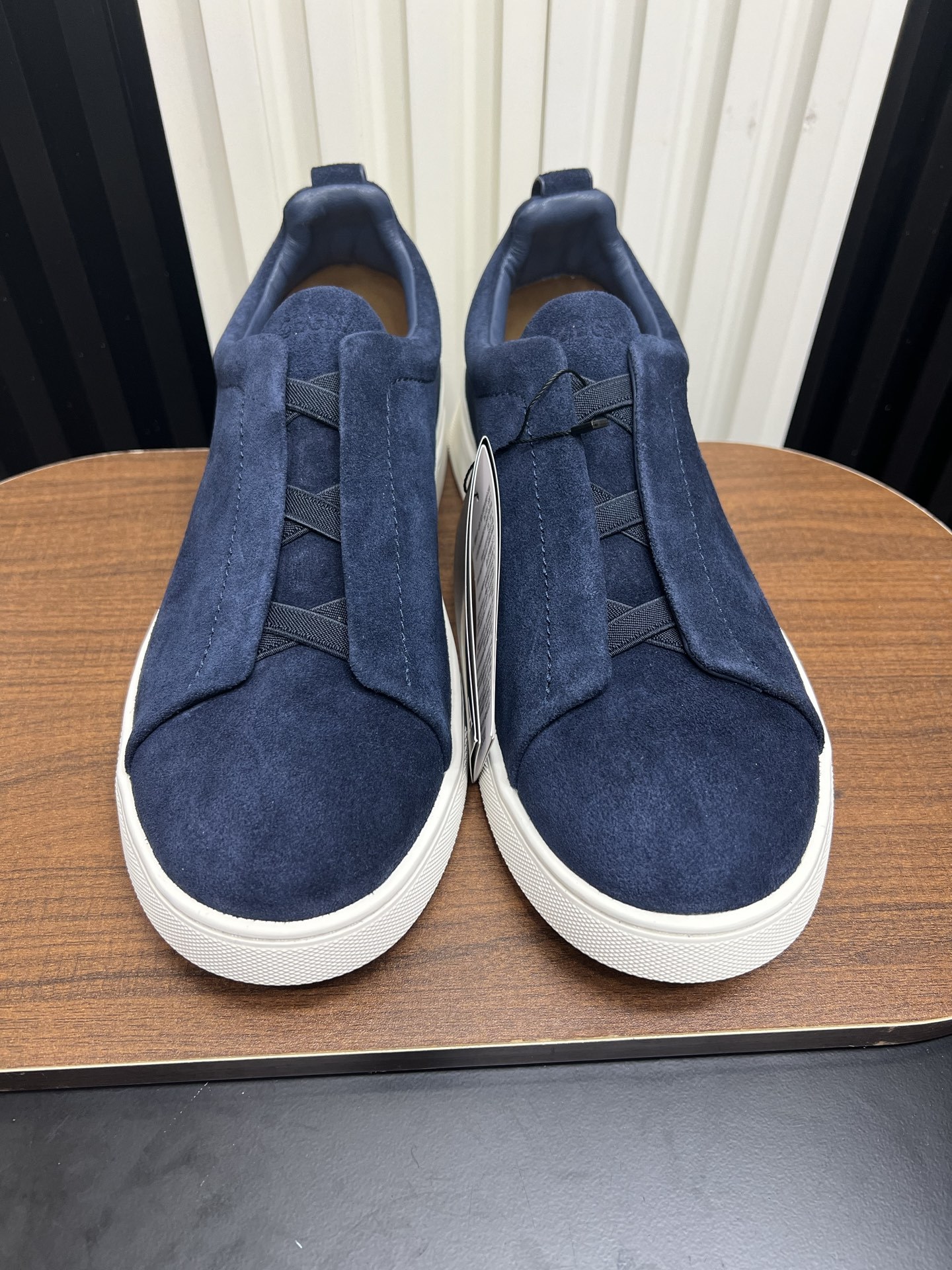 Men Navy Blue Suede Laceless Slip On Sneakers Low Top Business Casual Walking Shoes