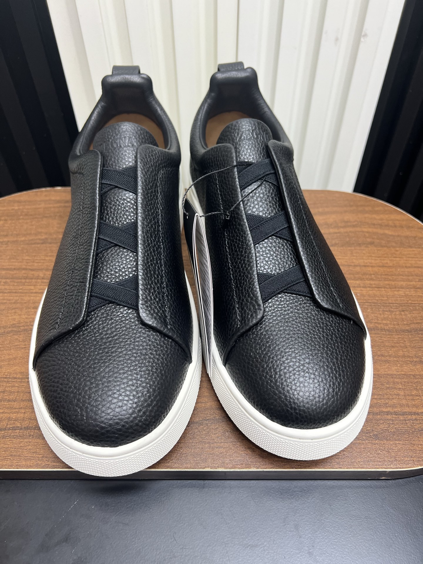 Men Black Leather Laceless Slip On Sneakers Low Top Business Casual Walking Shoes