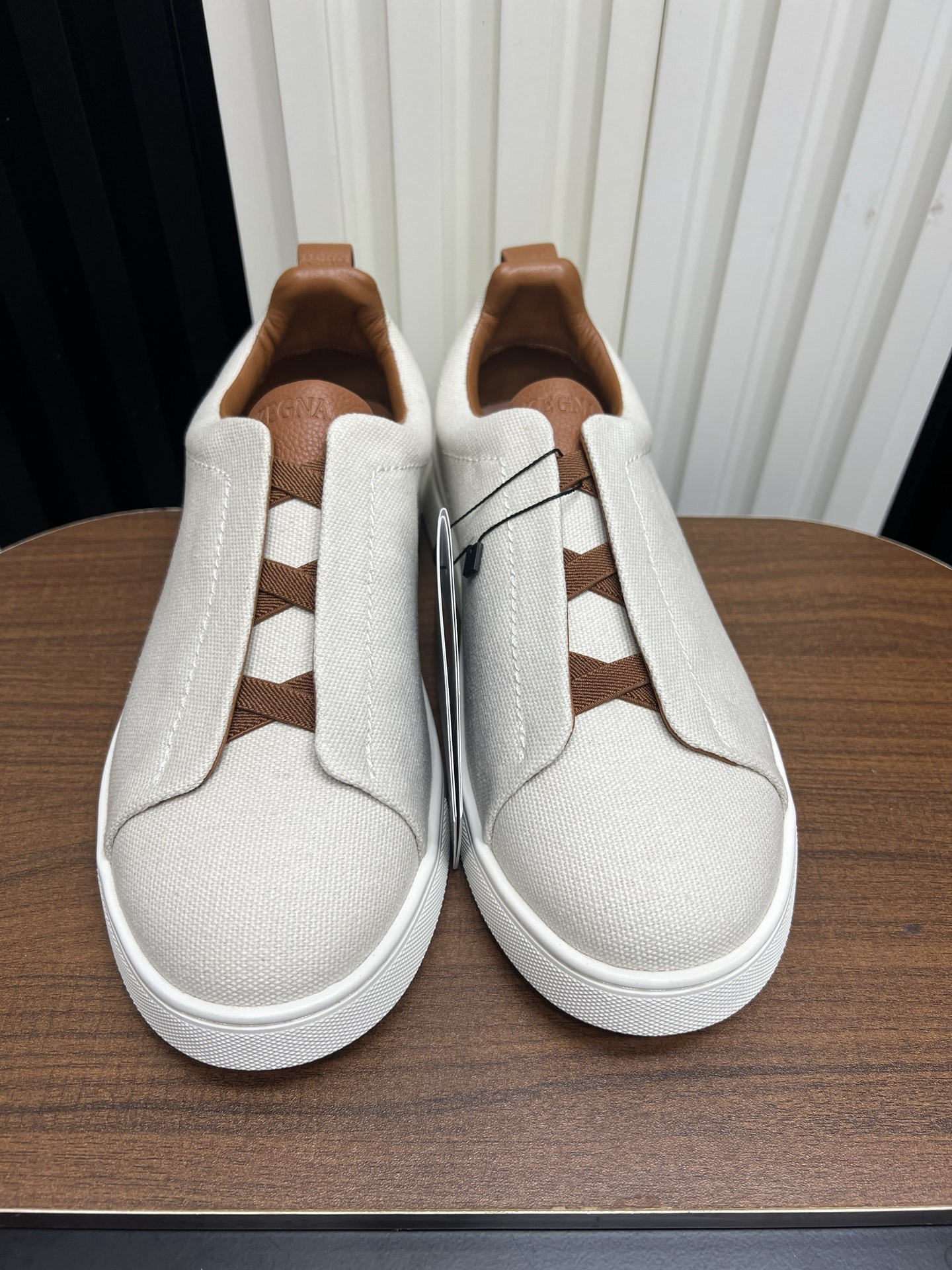 Men Slip-On Canvas Casual Shoes White Brown Laceless Walking Sneakers