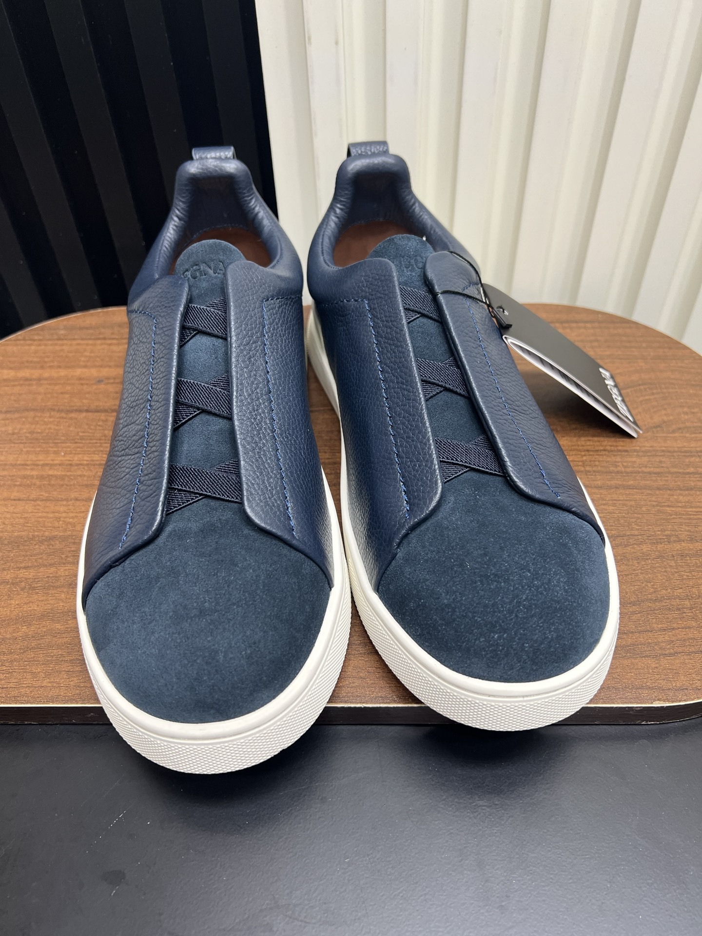 Men Slip-On Leather Suede Spliced Casual Shoes Navy Blue Laceless Sneakers