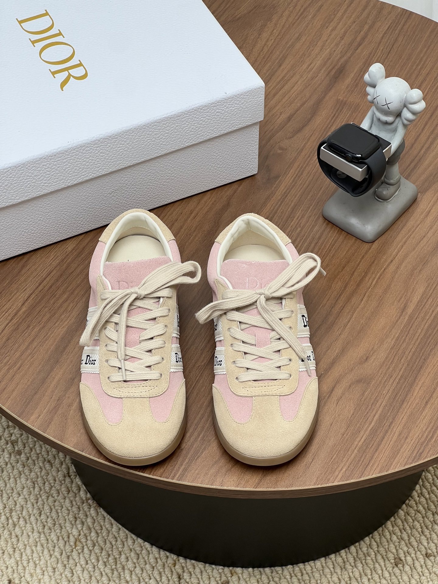 Women Pink Beige Color Block Retro Sneakers Lace Up Flat Casual Trainers
