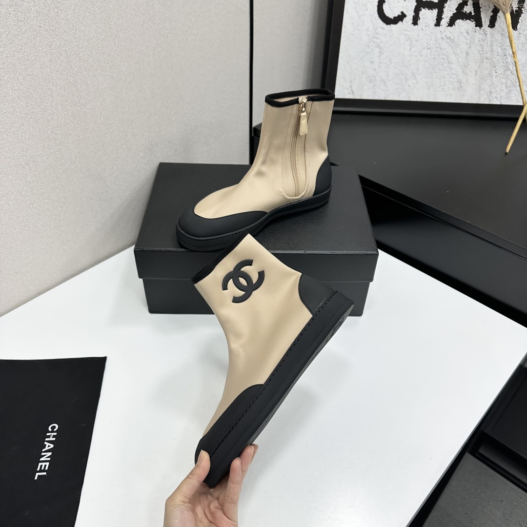 Women Beige Black Color Block Stretch Sock Ankle Boots Side Zipper Flat Platform Casual Short Booties