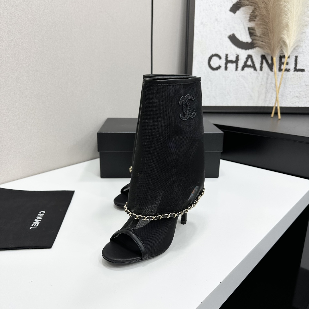Women Black Mesh Open Toe Ankle Boots Thin Stiletto High Heels Chain Decor Summer Hollow Boot Sandals
