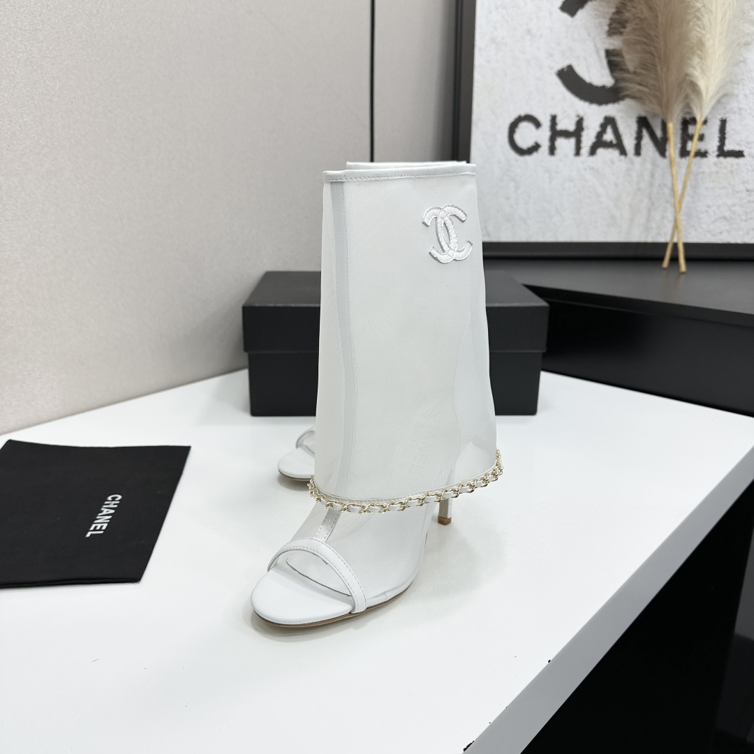 Women White Mesh Open Toe Ankle Boots Thin Stiletto High Heels Chain Decor Summer Hollow Boot Sandals