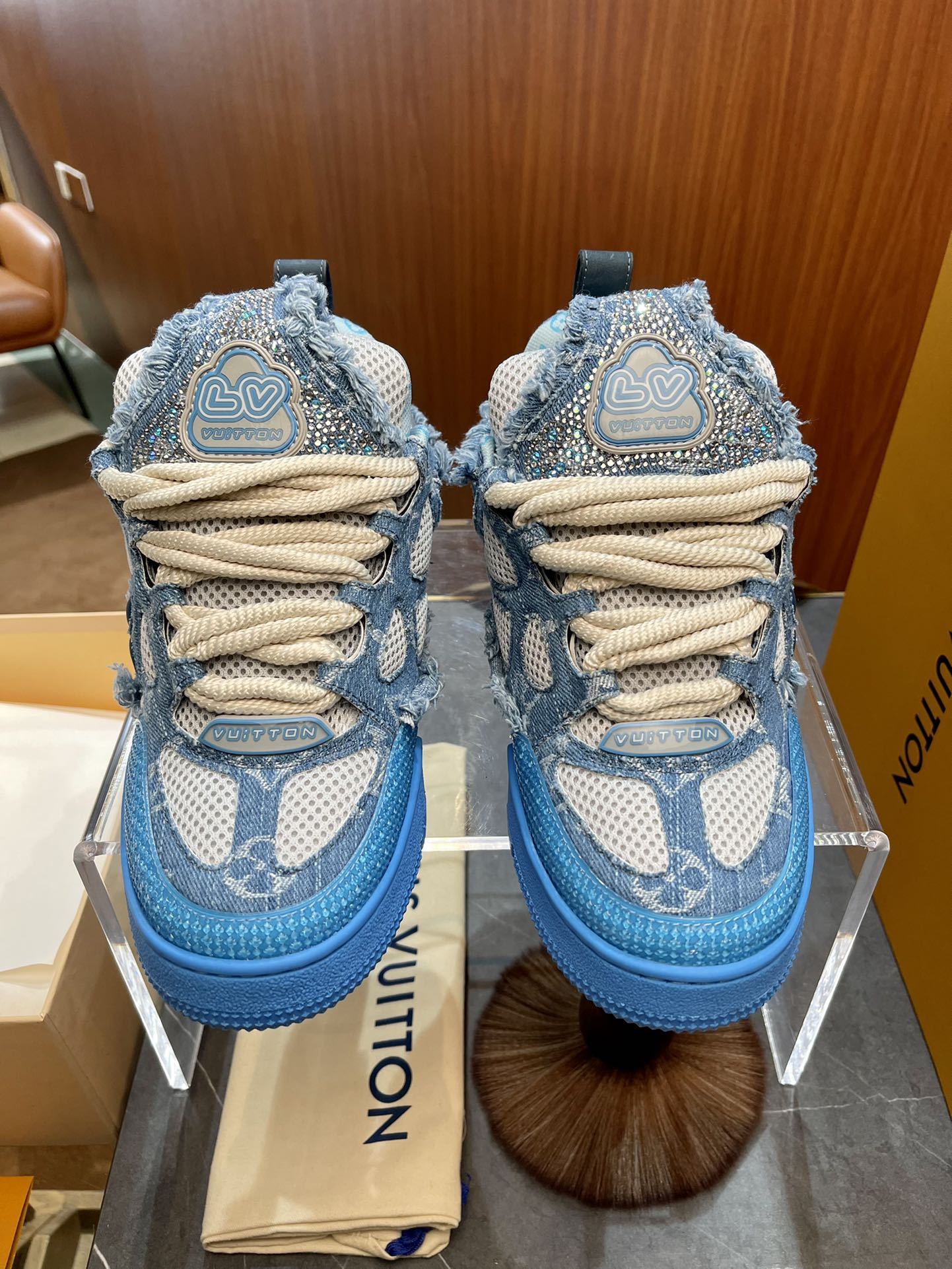 Blue Denim Fringe Jacquard Skate Shoes Thick Platform Lace Up Fashion Casual Sneakers