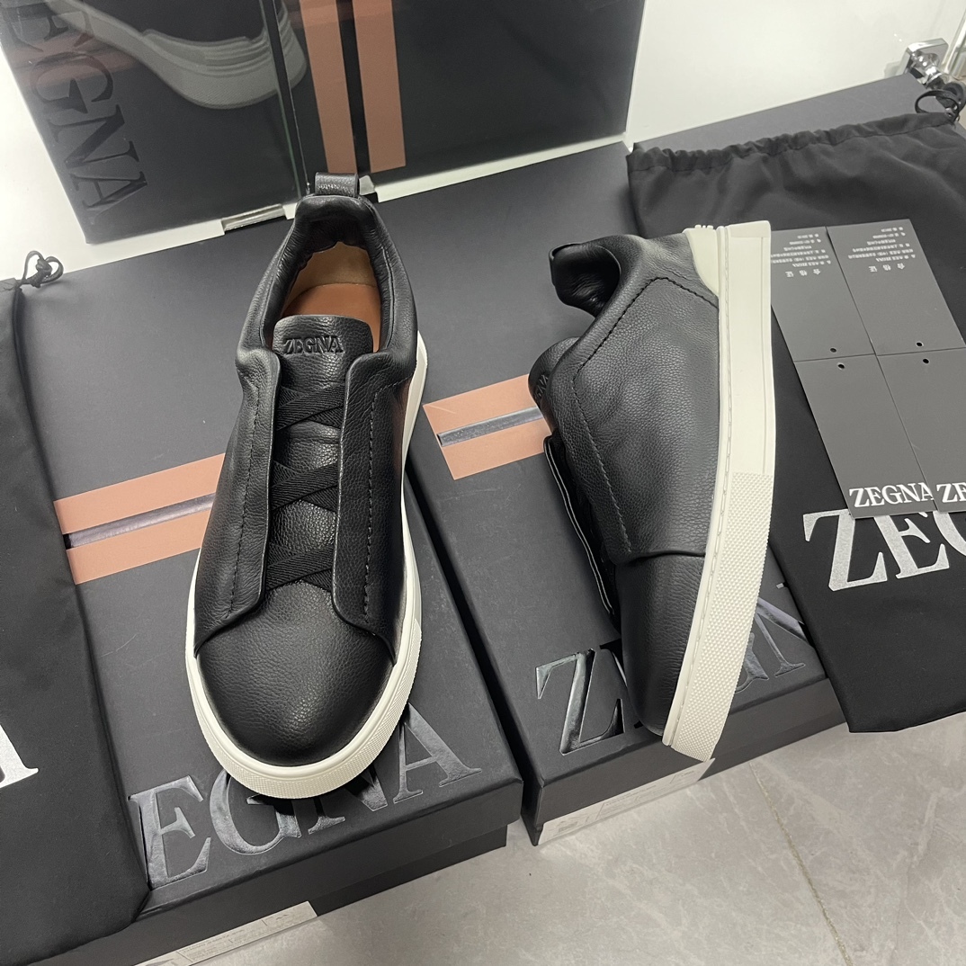 Men Black Genuine Leather Elastic Slip On Sneakers Low Top Business Casual Daily Walking Shoes
