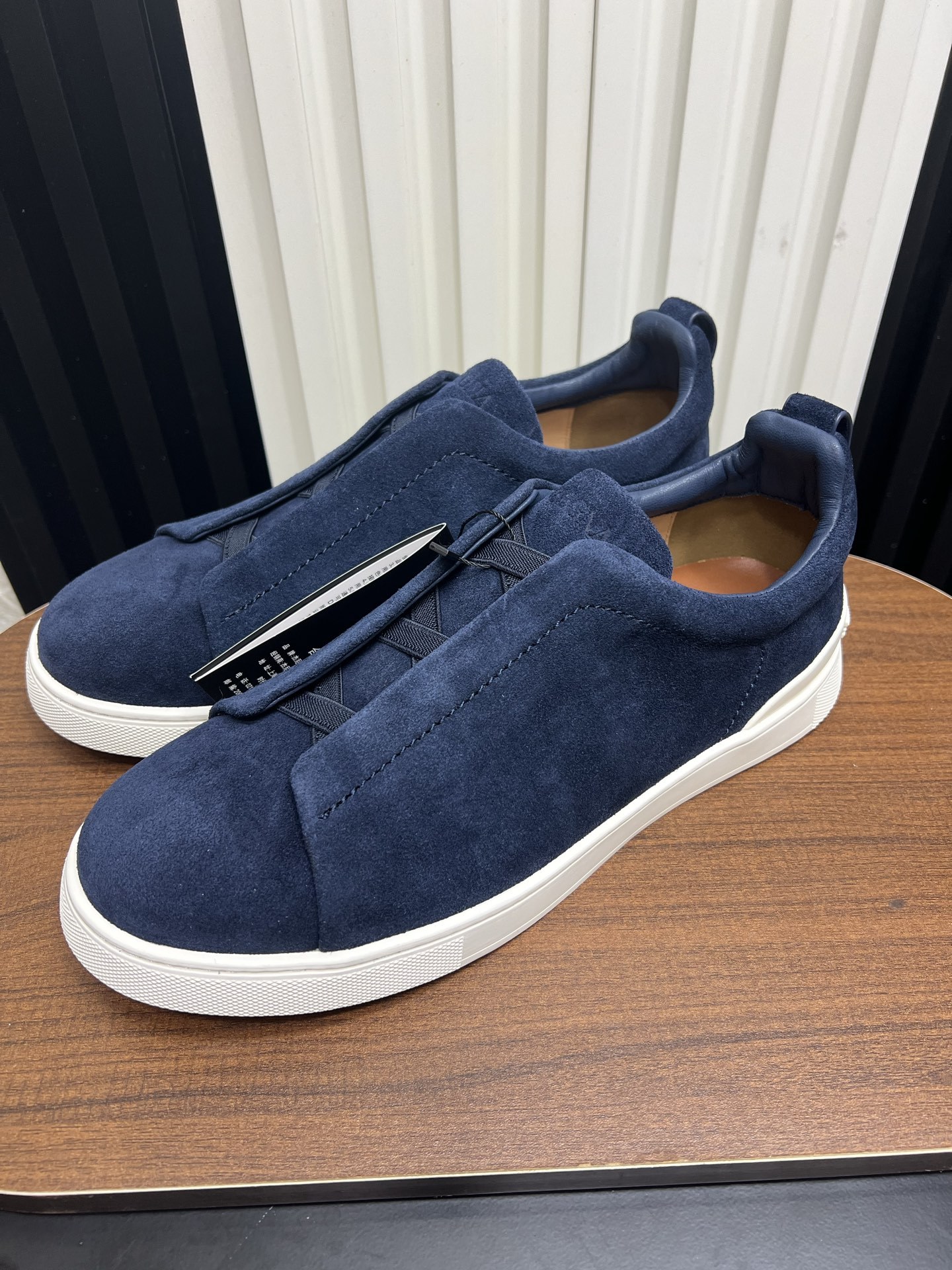 Men Navy Blue Suede Laceless Slip On Sneakers Low Top Business Casual Walking Shoes