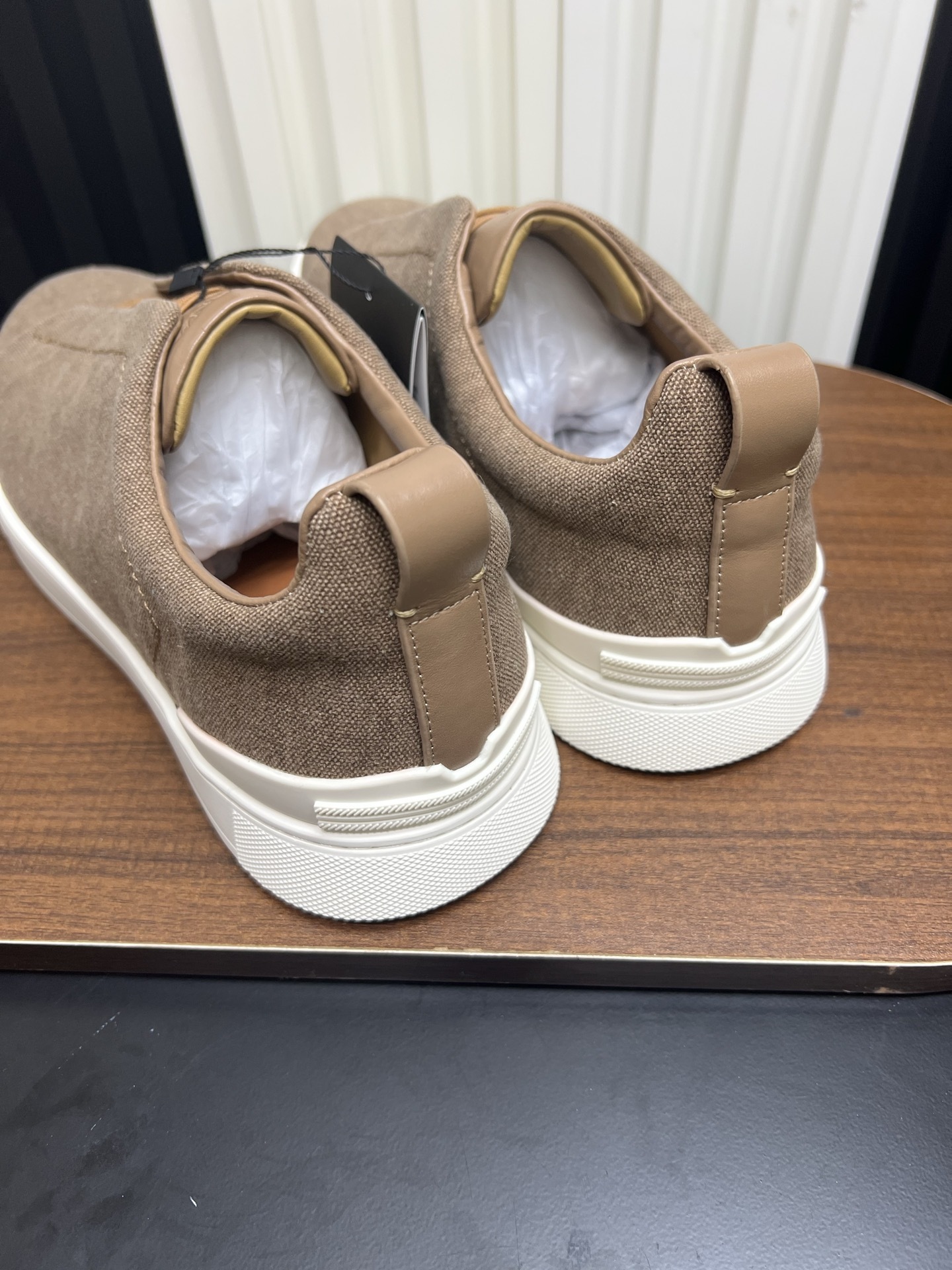 Men Brown Fabric Laceless Slip On Sneakers Low Top Casual Walking Shoes