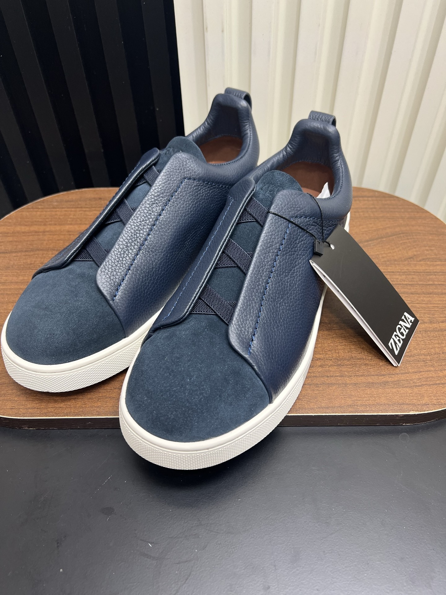 Men Slip-On Leather Suede Spliced Casual Shoes Navy Blue Laceless Sneakers