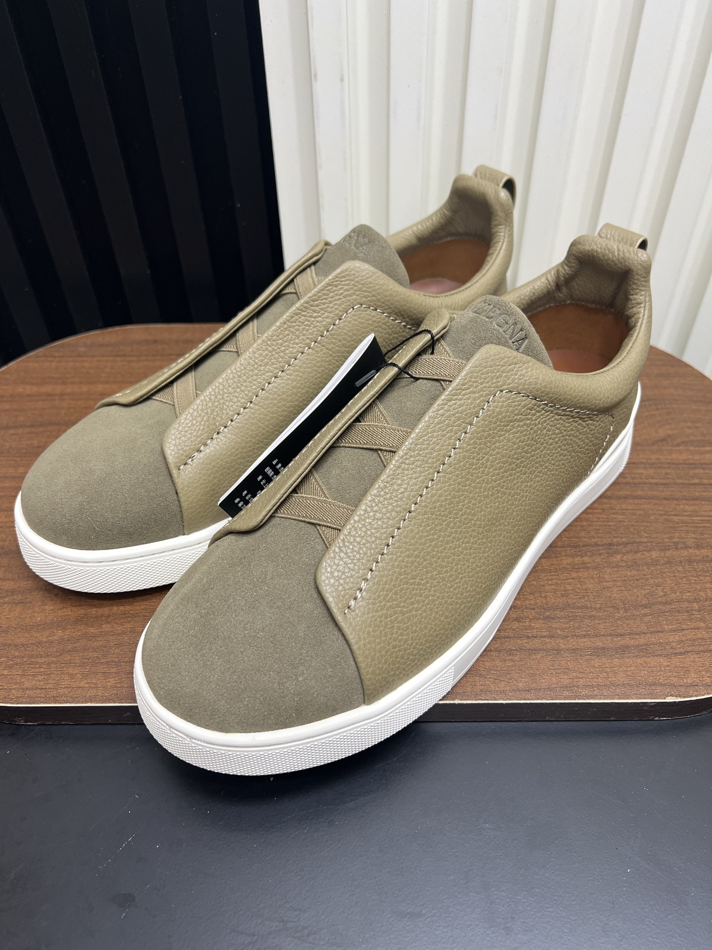 Men Slip-On Leather Suede Spliced Casual Shoes Khaki Laceless Sneakers