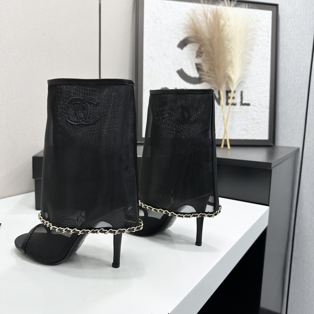 Women Black Mesh Open Toe Ankle Boots Thin Stiletto High Heels Chain Decor Summer Hollow Boot Sandals