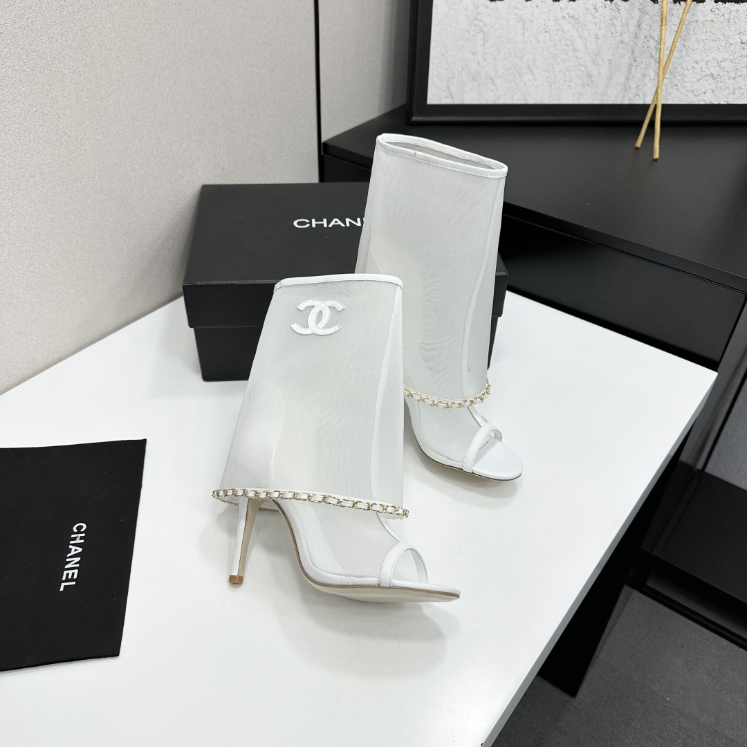 Women White Mesh Open Toe Ankle Boots Thin Stiletto High Heels Chain Decor Summer Hollow Boot Sandals