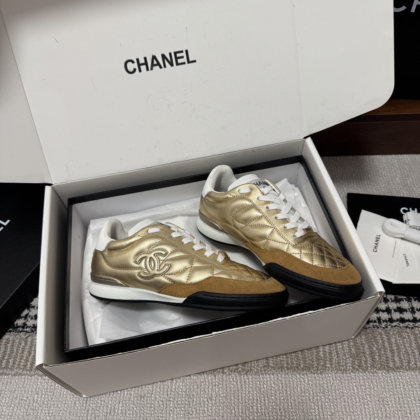 Women Golden Quilted Leather Sneakers Lace Up Casual Sports Trainer Shoes