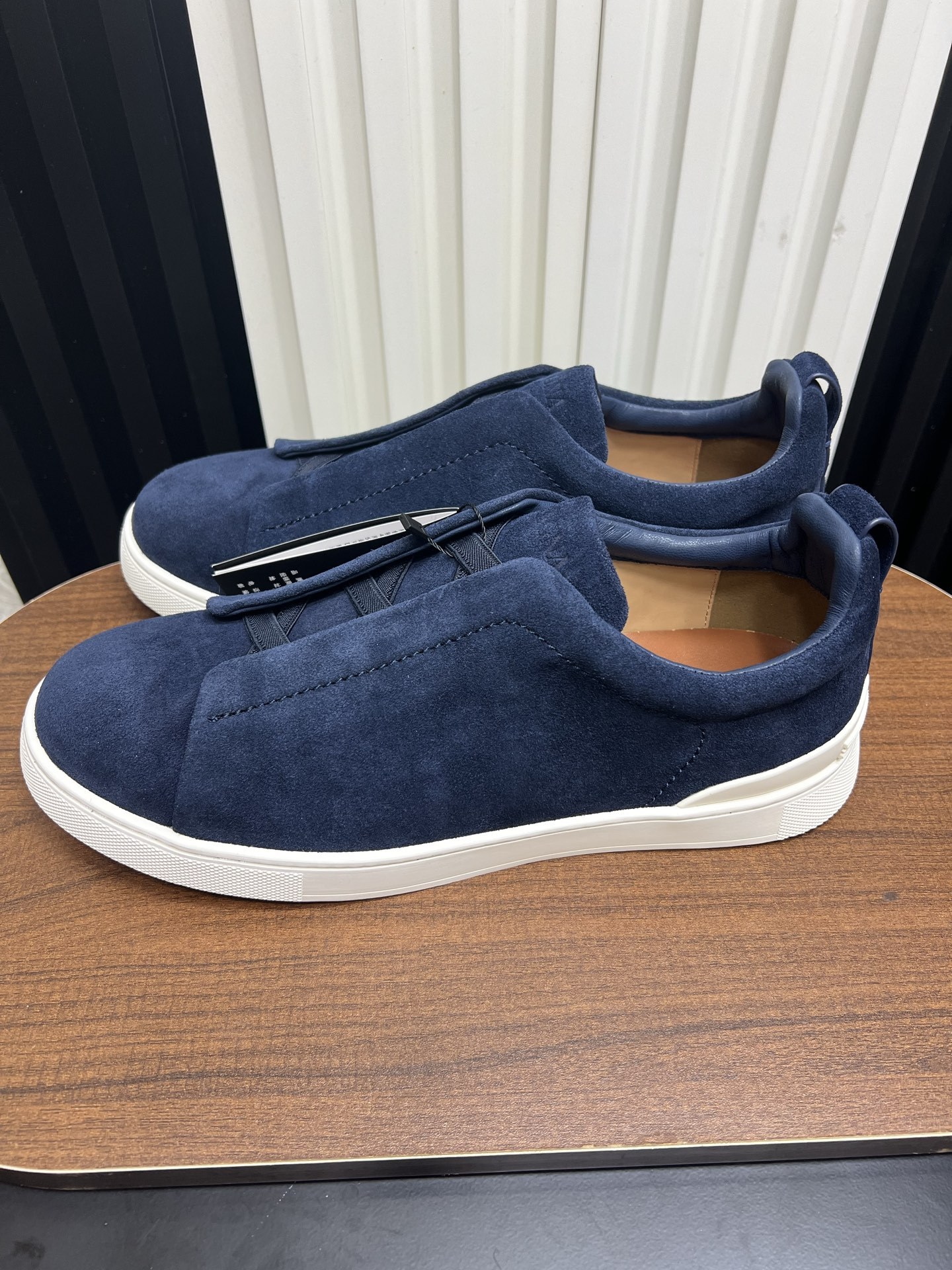 Men Navy Blue Suede Laceless Slip On Sneakers Low Top Business Casual Walking Shoes
