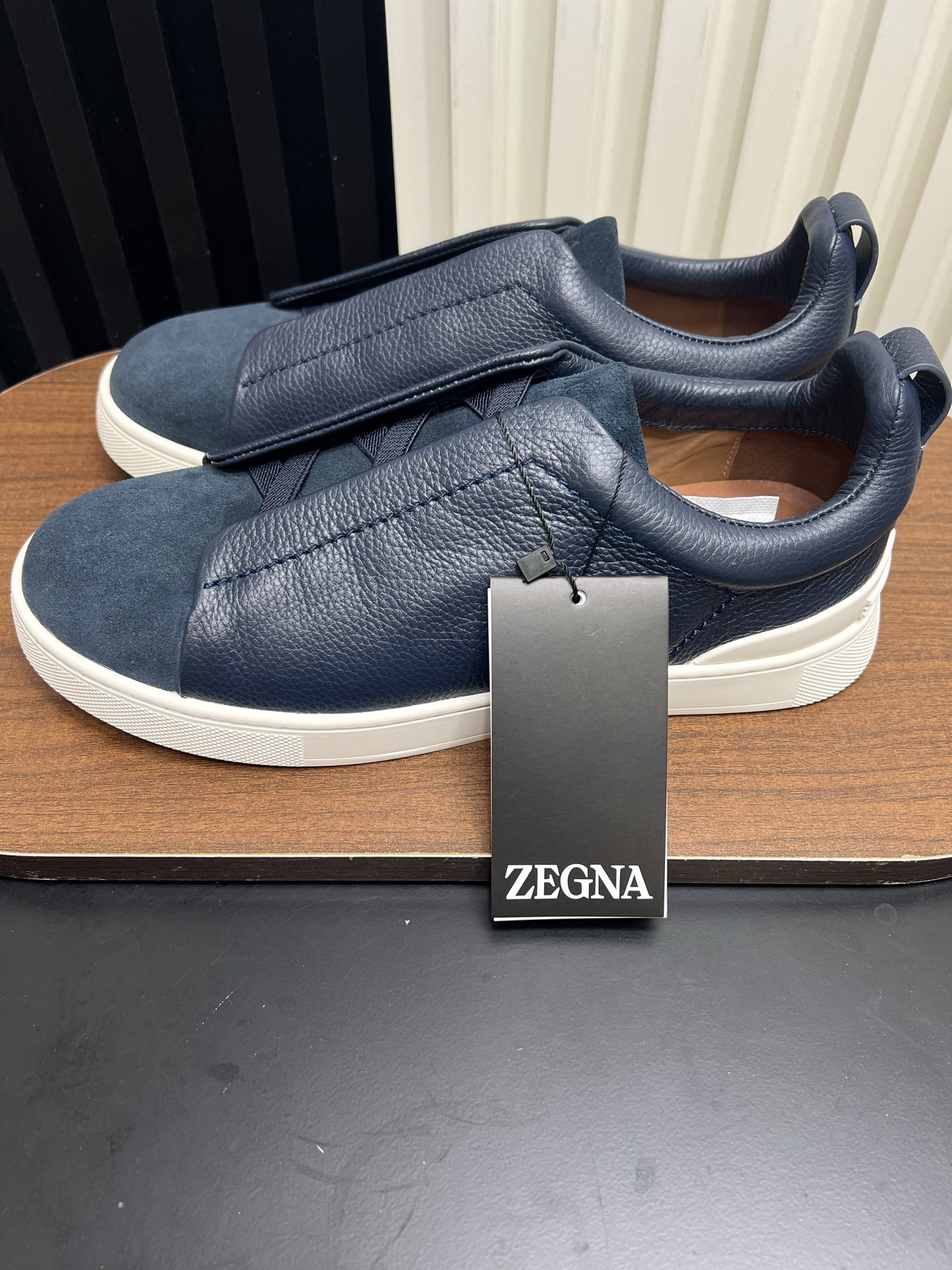 Men Slip-On Leather Suede Spliced Casual Shoes Navy Blue Laceless Sneakers