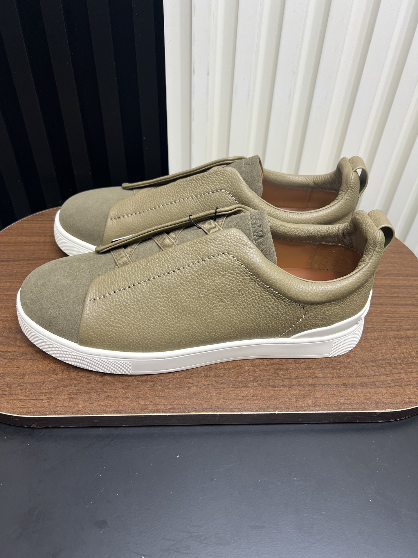 Men Slip-On Leather Suede Spliced Casual Shoes Khaki Laceless Sneakers