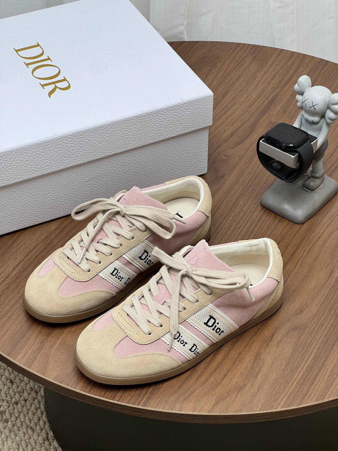 Women Pink Beige Color Block Retro Sneakers Lace Up Flat Casual Trainers