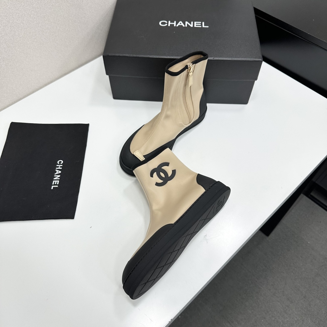 Women Beige Black Color Block Stretch Sock Ankle Boots Side Zipper Flat Platform Casual Short Booties