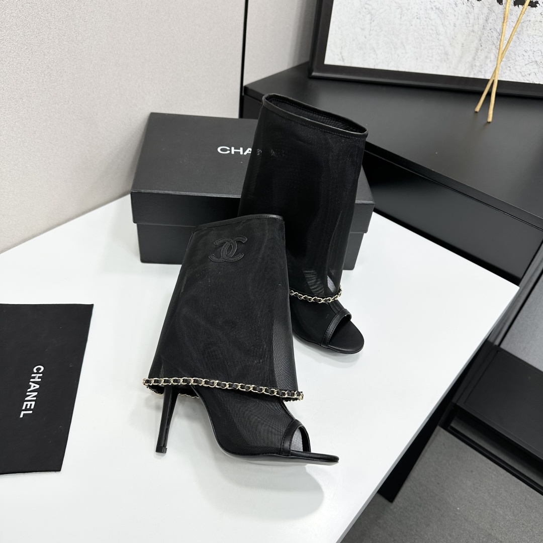 Women Black Mesh Open Toe Ankle Boots Thin Stiletto High Heels Chain Decor Summer Hollow Boot Sandals